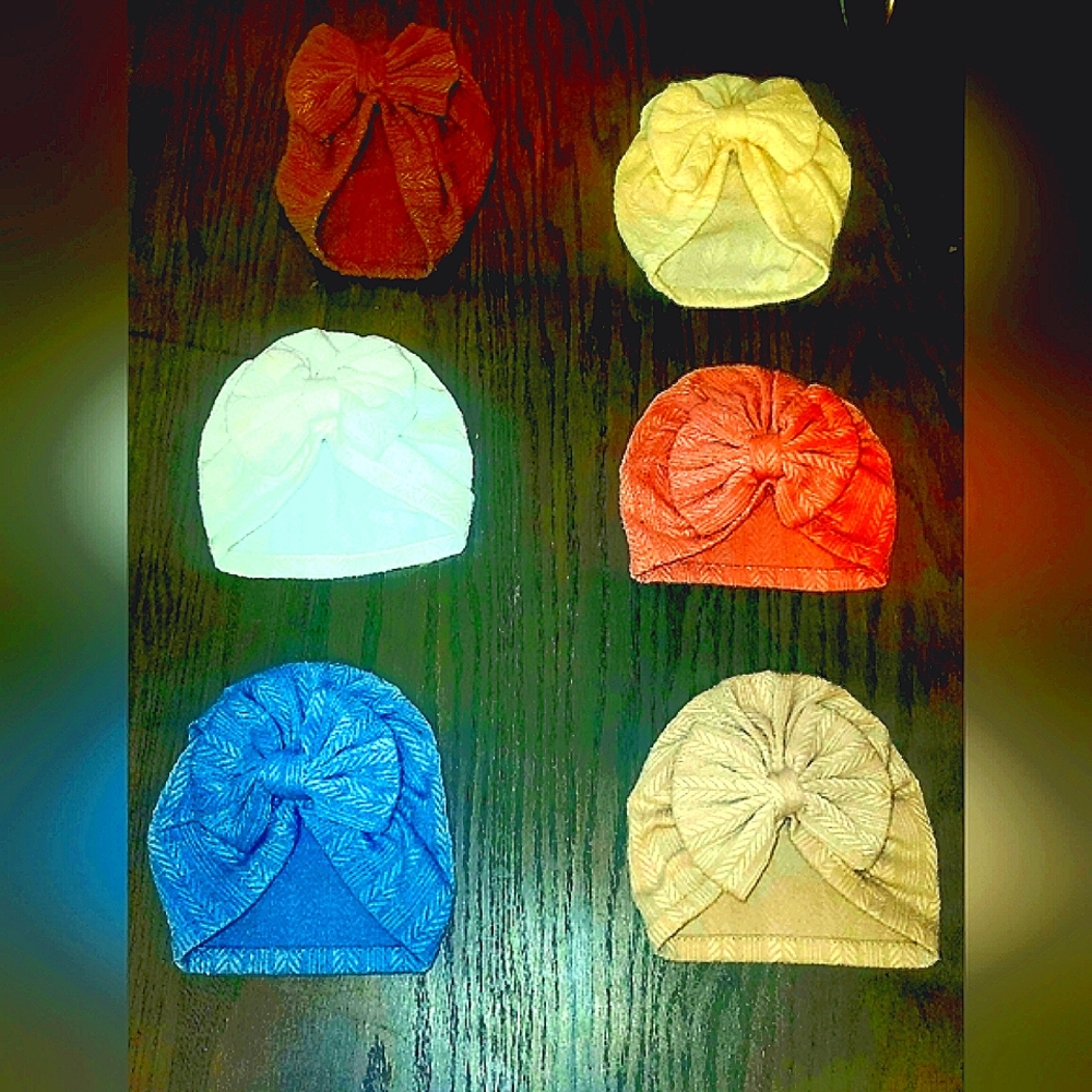 6 Baby Turban Hat Bow Set - Brown, Cream, Blue, Tan